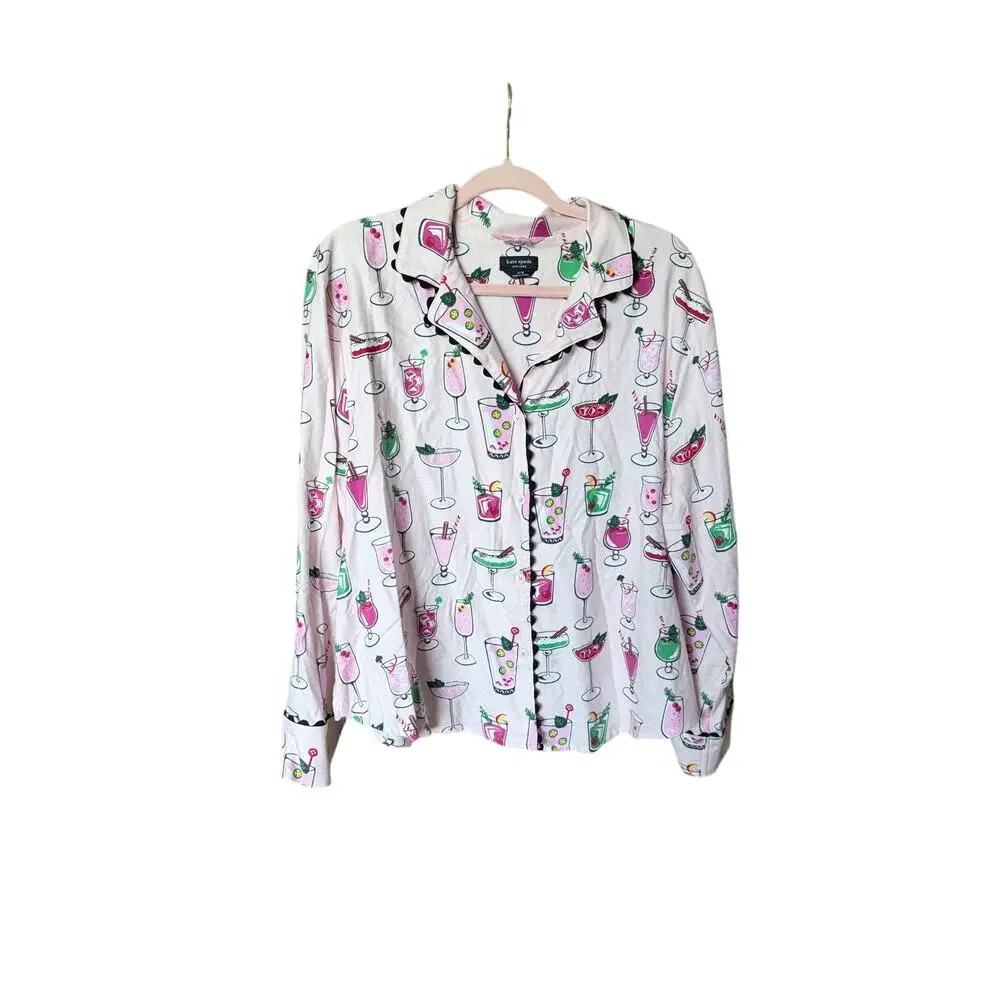 Kate spade cotton viscose flannel pajamas set martinis drinks girly XL self care